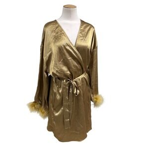 Gilligan O'Malley Satin Robe Kimono Glam Feather Trim Gold Sparkle Lingerie Med